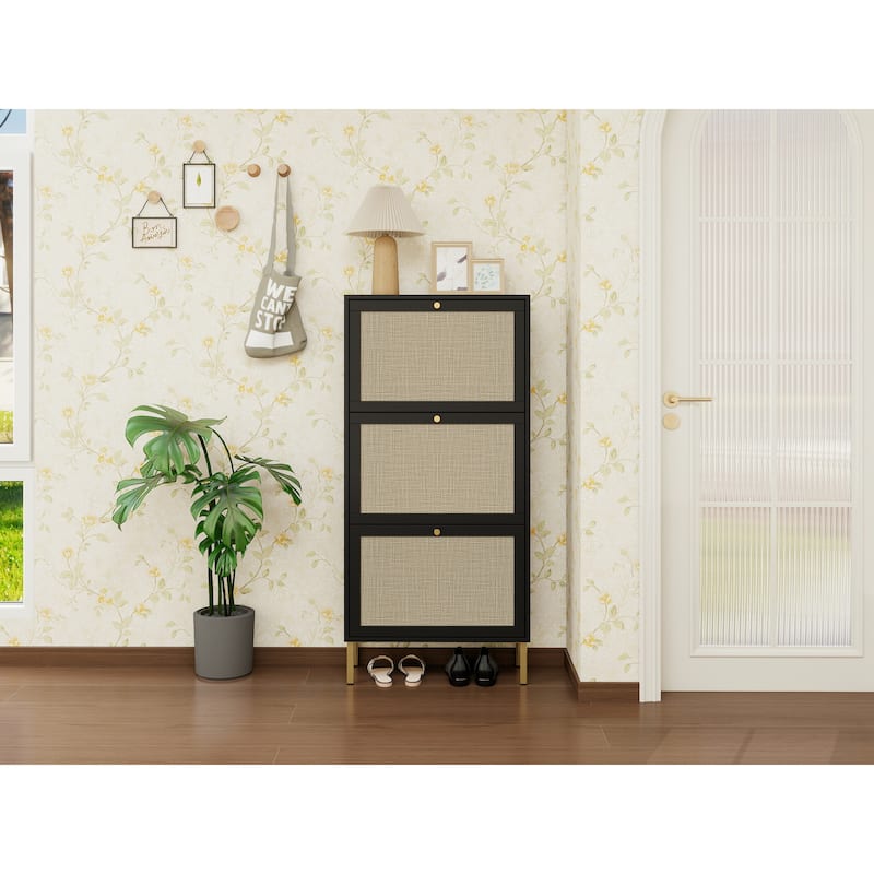 Roomfitters Rattan Shoe Cabinet, Modern Freestanding Shoe Storage Organizer with 3 Flip Doors