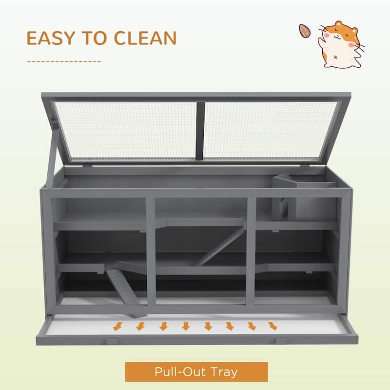 Wooden Hamster Cage with Multiple Levels, Clear Window and Tray - 45.25" L x 22.5" W x 21.75" H