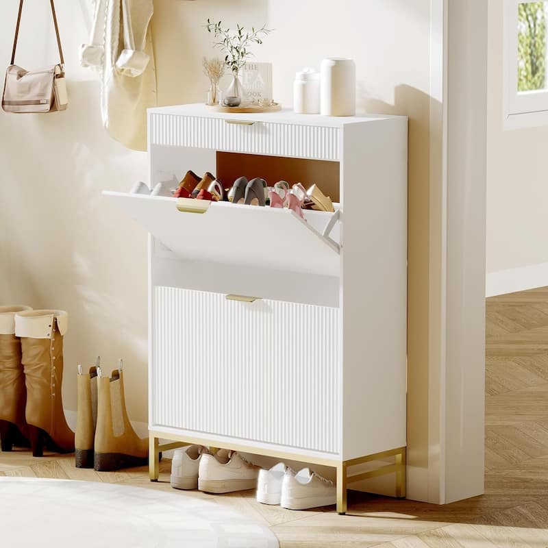 Slim Shoe Cabinet with 2 Flip Drawers & Top Drawer - White