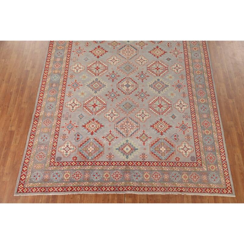 Geometric Kazak Oriental Area Rug Handmade Grey Wool Carpet - 8'2" x 10'0"