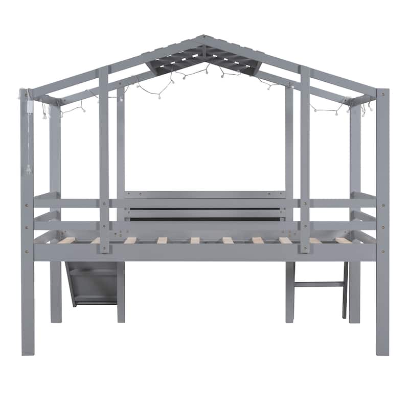 Twin Size Loft Bed House Bed with Slide, Light Strip and Blackboard