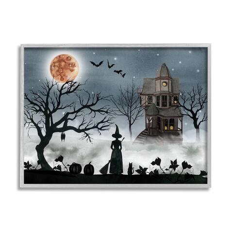 Stupell Industries Halloween Witch Silhouette in Full Moon Haunted House Scene Framed Giclee Texturized Art by Grace Popp