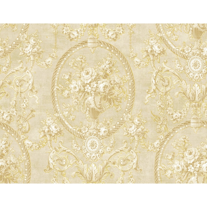 Seabrook Designs Fiona Floral Cameo Unpasted Wallpaper - 27 in. W x 27 ft. L - 27 in. W x 27 ft. L - Metallic Beige & Gold