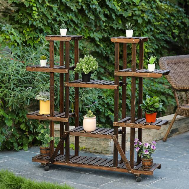 9-tier Indoor/Outdoor Wood Shelf Mobile Plant Stand