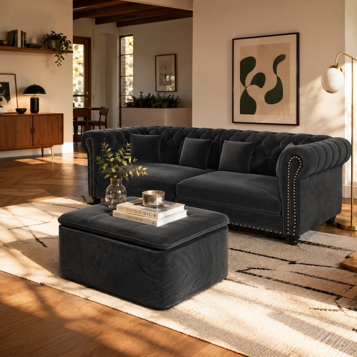 89" Chesterfield Velvet 3-in-1 Pull-Out Sleeper Sofa Bed with Movable Ottoman, King Size Convertible Sofa