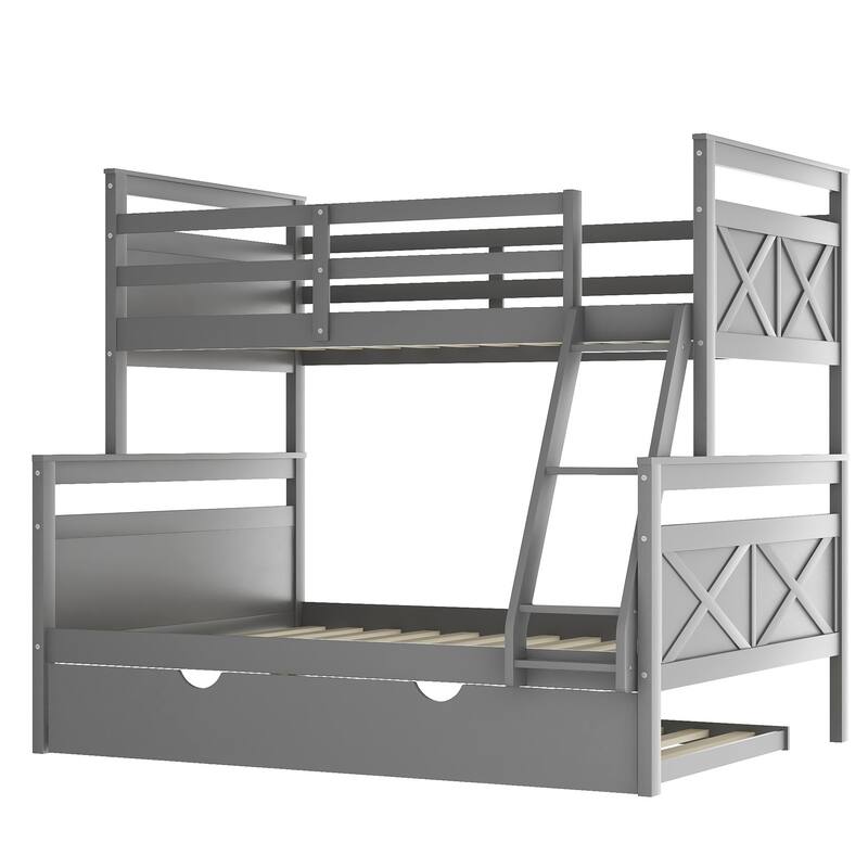 Modern Casual Style Gray Twin over Full Bunk Bed with Ladder Twin Size Trundle and Safety Guardrail Suitable for Bedroom