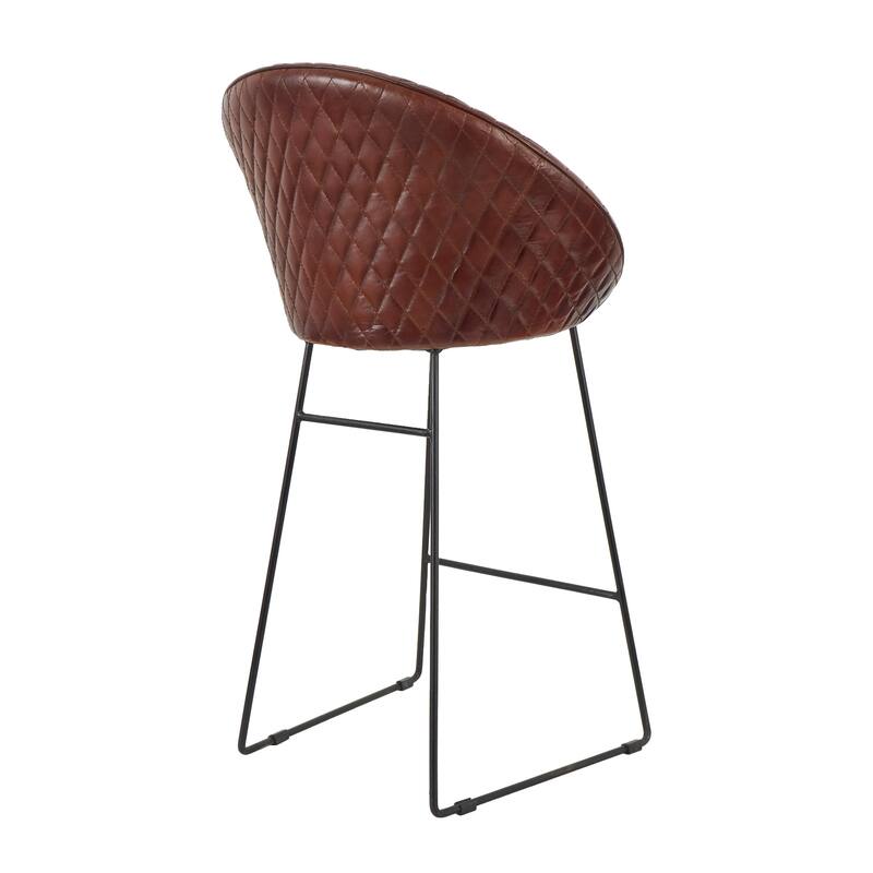 Leather Round Diamond Tufted Bar Stool with High Back and Black Metal Legs - Set of 2 Brown or Dark Brown - Roche River Decor