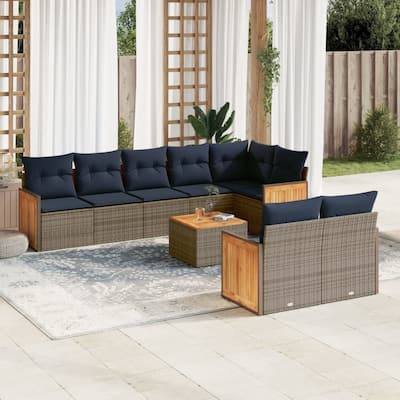 vidaXL 9 Piece Patio Sofa Set with Cushions Gray Poly Rattan - 112.7x27.2x69.3