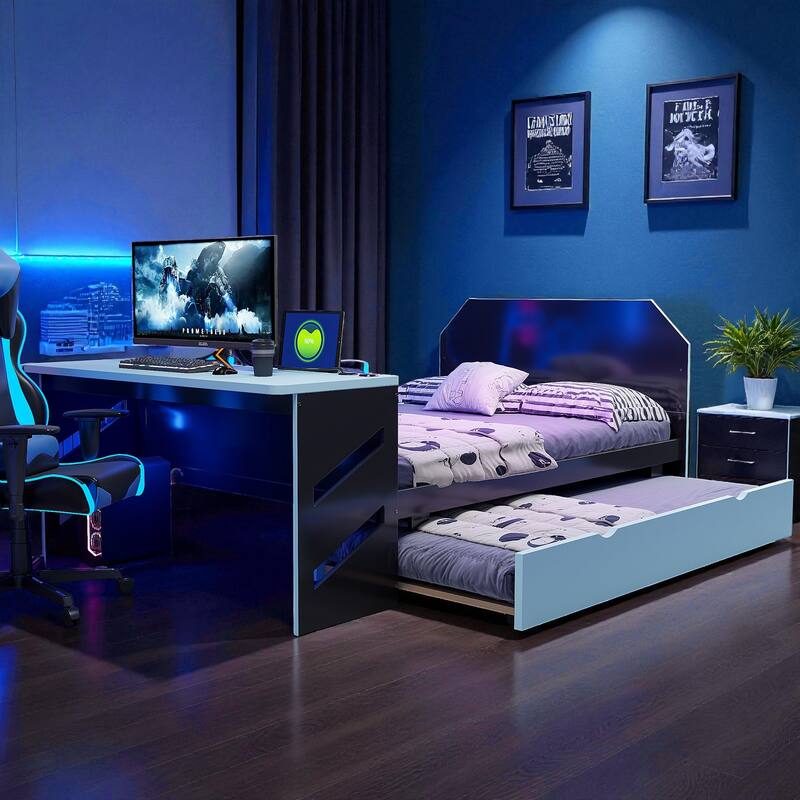 Full Size Wooden Daybed with Twin Trundle, Desk with USB Port, Storage-Friendly Design, Multi-Functional Bed Frame