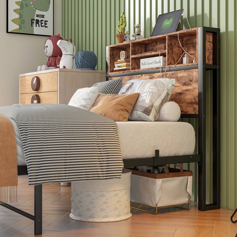 LED Twin Bed Frames Metal Platform Bed with Charging Station and Bookcase Storage