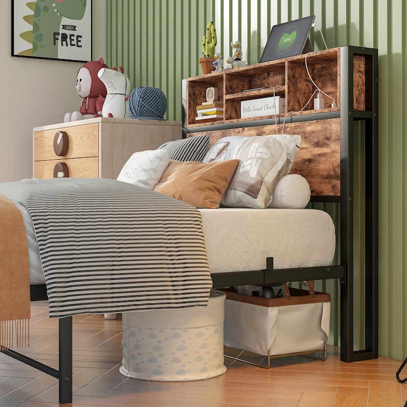 Metal Platform Bed Frame with Wooden Headboard Footboard, Bookcase Storage, Charging Station, No Box Spring Needed, Noise-Free