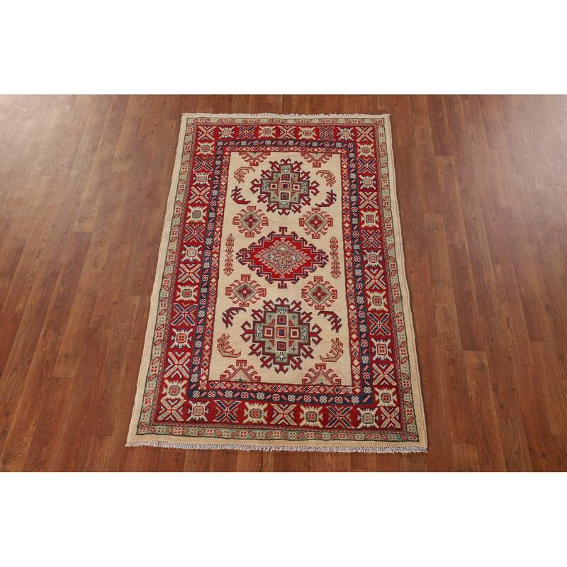 Kazak Accent Rug Handmade Beige Wool Carpet - 3'3"x 5'4"