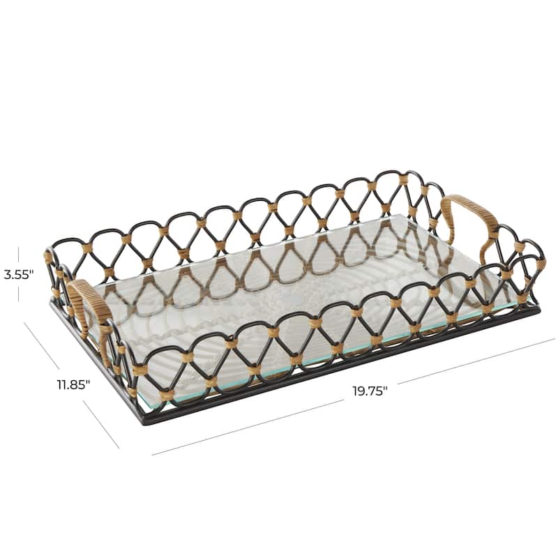 Metal Circular Woven Living Room Decor Tray with Glass Base - Black - Roche River Decor