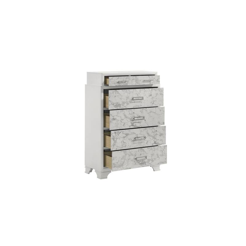 Soul Luxurious 4PC/5PC Bedroom Set - White Finish, Marble Accents, Built-in Lighting, USB-C & Bluetooth Speakers