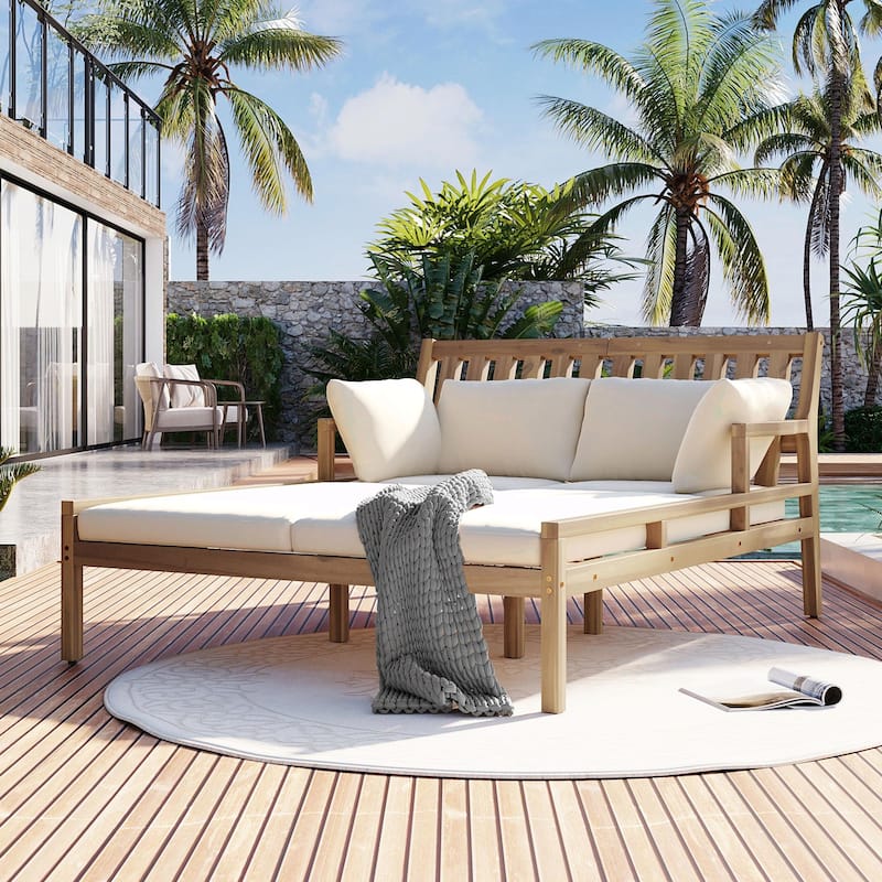 Wooden Patio Lounge Chair - 2-Position Chaise with Curved Armrests and 4 Cushions - Beige+Light Teak