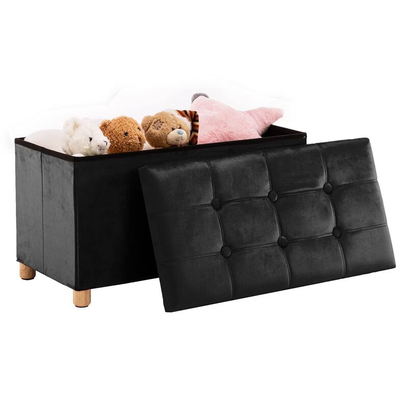 30 Inches Folding Storage Ottoman Bench, Velvet Storage Chest, Footrest Couch with Wooden Legs, Support 350lbs - Black