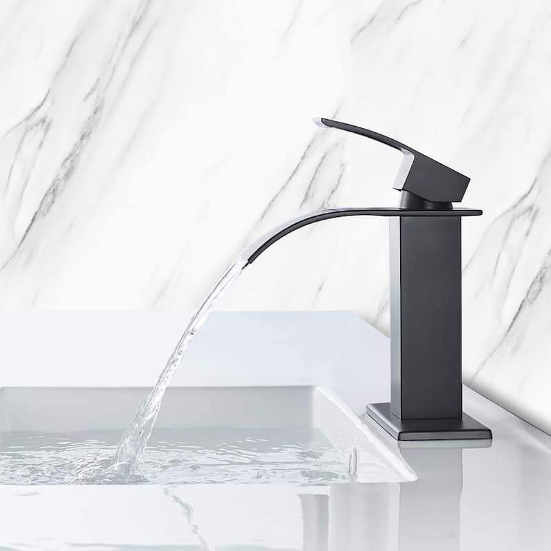 Modern Single Handle Sink Vanity Bathroom Faucet with Waterfall Spout, Anti Corrosion, Anti Rust, Easy Clean - Black