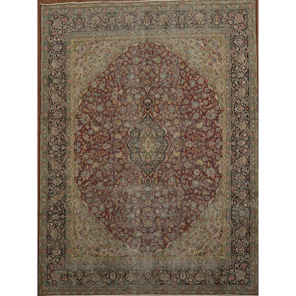 Hand Knotted Oriental 100% Wool Carpet Traditional Floral Red Kerman Area Rug - 12' 10'' X 9' 7''