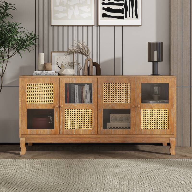 4-Door Sideboard with Large Storage Space Artificial Rattan Doors and Transparent Glass, for Dining Room Living Room - Brown