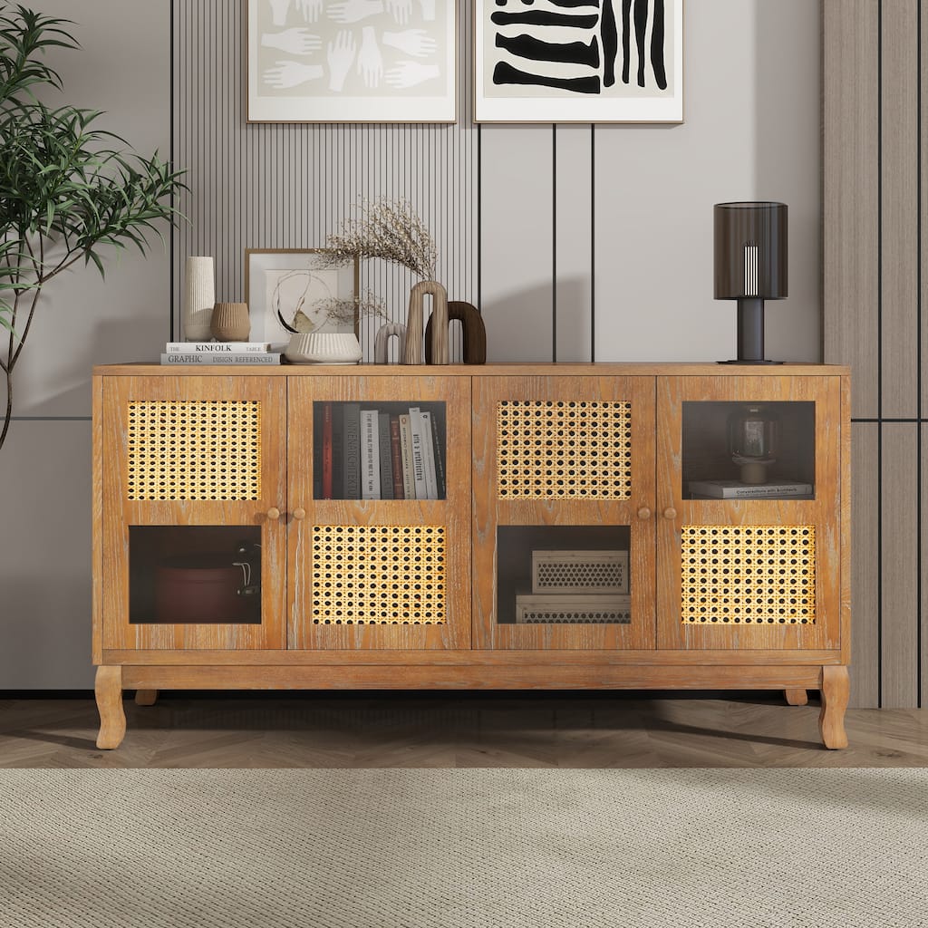 4-Door Sideboard with Large Storage Space Artificial Rattan Doors and Transparent Glass, for Dining Room Living Room