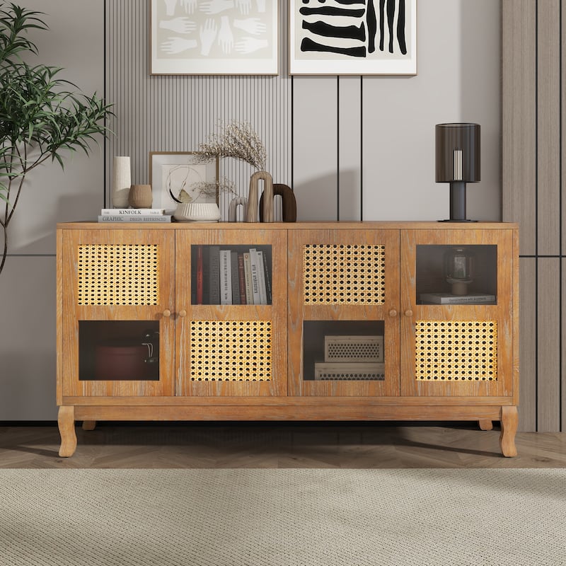 Sideboard Cabinet with Artificial Rattan Doors, Accent Cabinet with Adjustabel Shelves, Buffet Cabinet with Wooden Legs - Antique brown