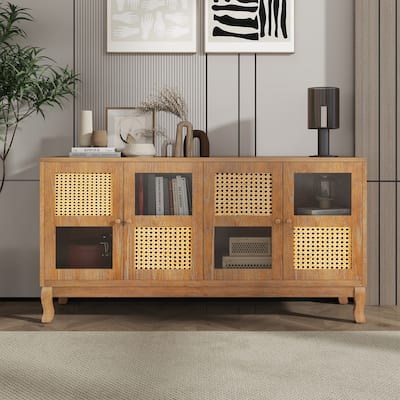 Sideboard Cabinet with Artificial Rattan Doors, Accent Cabinet with Adjustabel Shelves, Buffet Cabinet with Wooden Legs