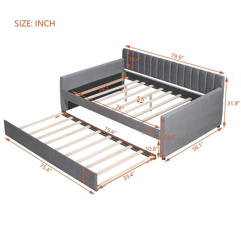 Elegant Velvet Upholstered Daybed, Full Size with Trundle, Sturdy Wood Slat Frame, Easy Assembly