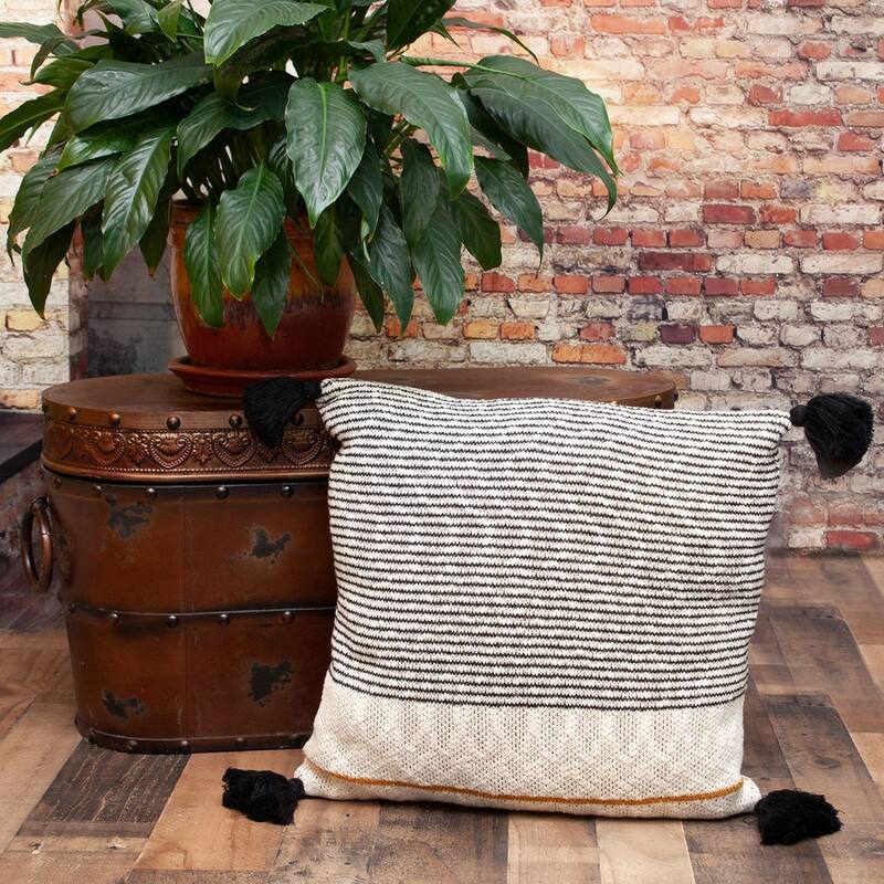 20" White and Black Knitted Striped Pattern Square Throw Pillow