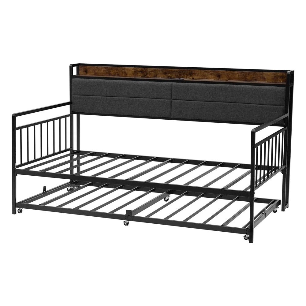Twin Size Daybed Frame Metal Day Bed with Trundle and Charging Station
