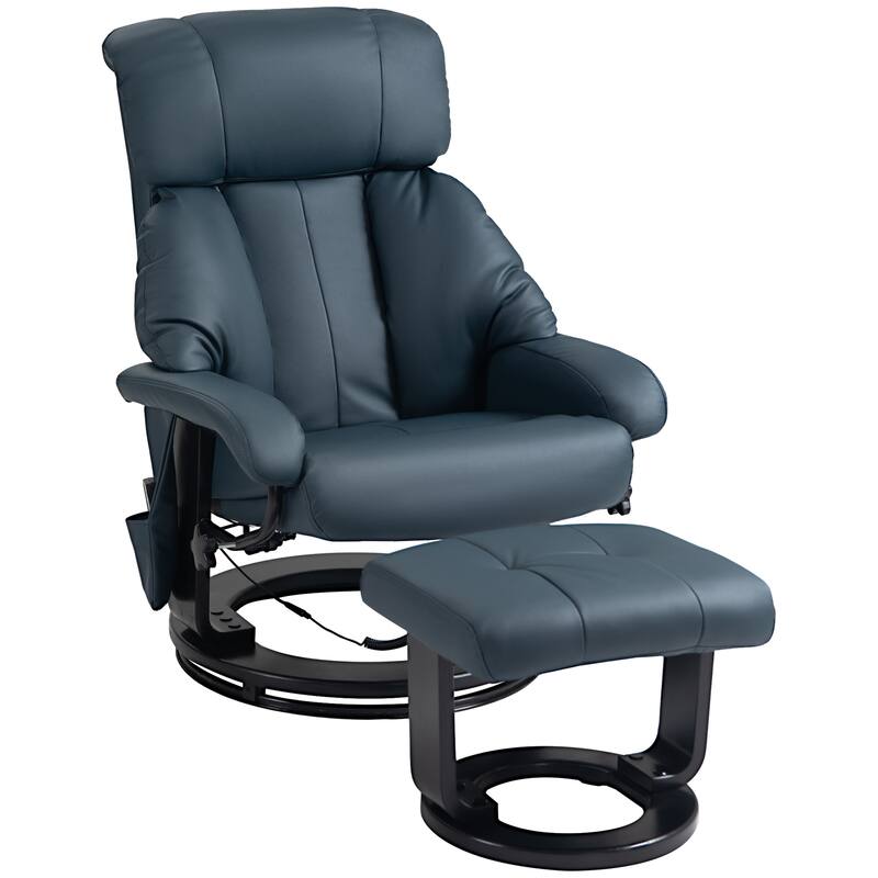 PU Leather Vibration Massage Recliners , with Footrest and Side Pockets, Manual Tilt Backrest Adjustment and 360° Rotating Base - Blue