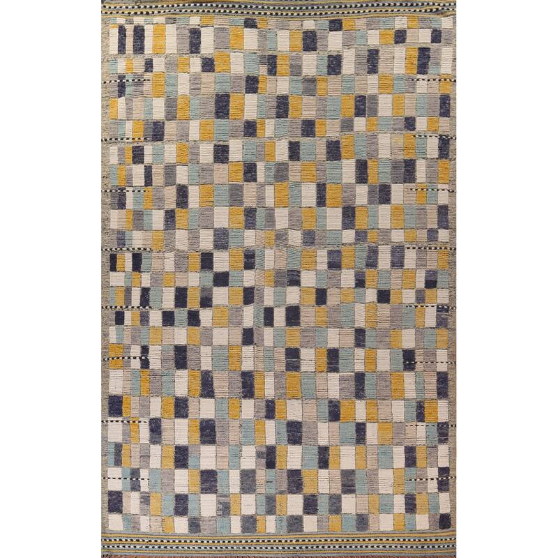 All-Over Checkered Moroccan Large Modern Area Rug Handmade Wool Carpet - 9'9"x 15'1"