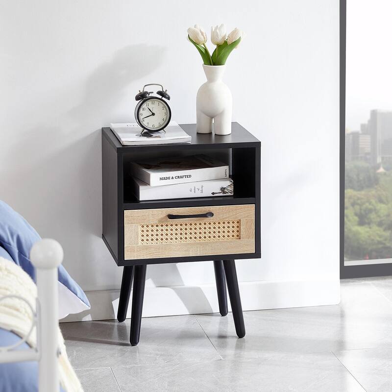 Rattan Nightstand with Drawer, Solid Wood Legs, 16"" Side Table - Black + Natural