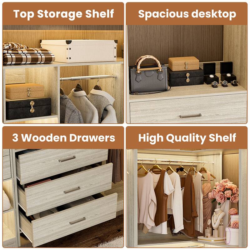 Rackcog Set of 5 Large Closet System with Drawers, Coner Closet Organizers with Hanging Rods and Shelves