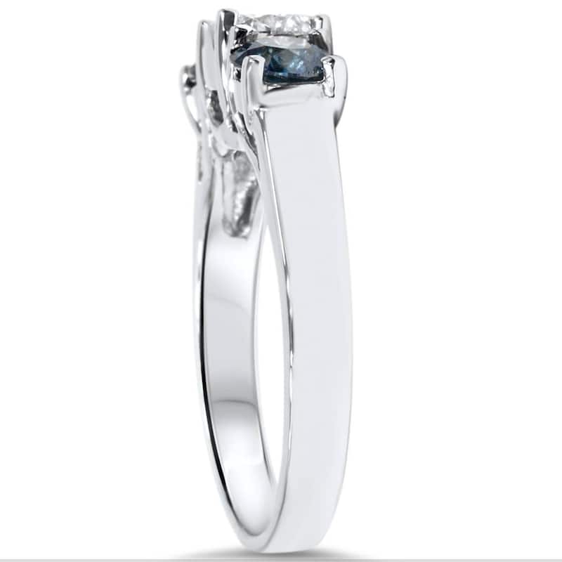 1 3/4ct Blue & White Diamond Three Stone Engagement White Gold Ring