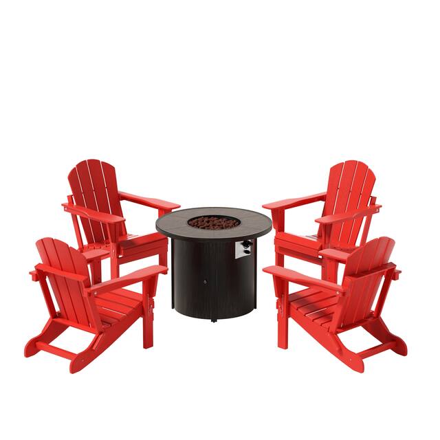 (4) Laguna Folding Adirondack Chairs with Fire Pit Table Set - Red