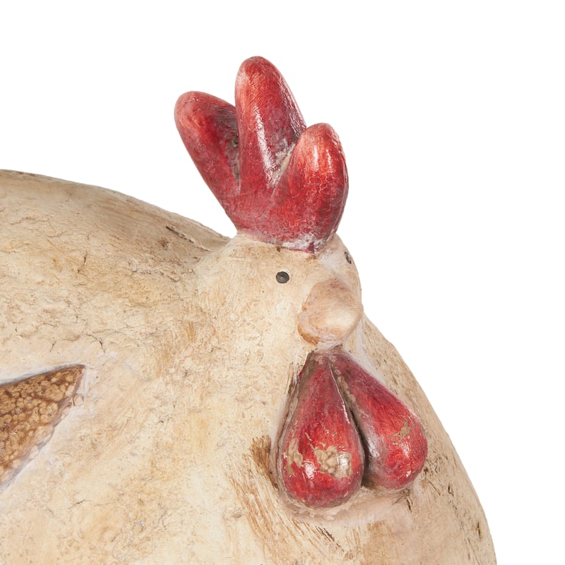 Cream Magnesium Oxide Sitting Rooster Decorative Garden Sculpture with Brown and Red Accents