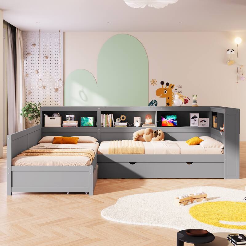 Wood Twin Size L-shaped Platform Bed with Trundle, Charging Station and Storage Shelves