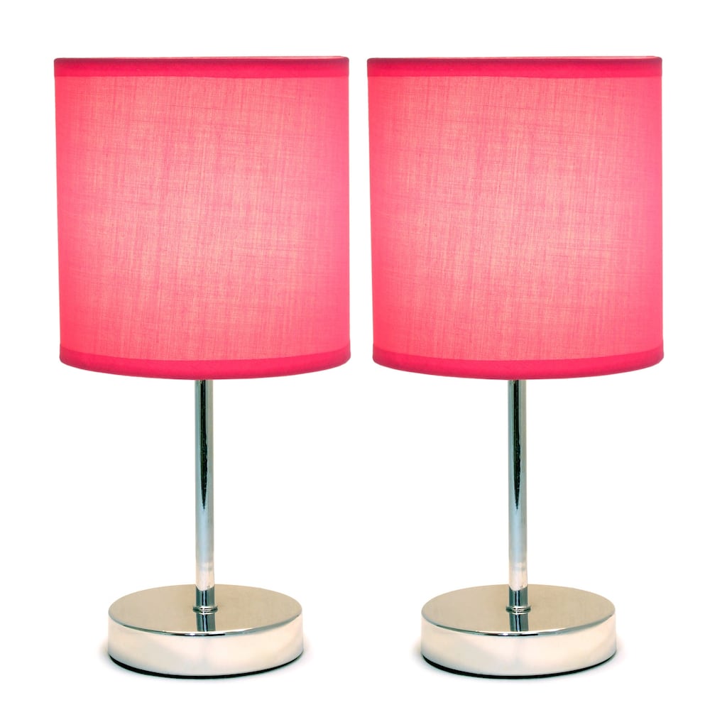 11.81 in. Chrome Finish Table Lamp with Pink Shade, Sturdy Table Lamp for Living Rooms and Bedrooms, Set of 2