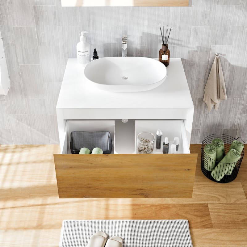 Santa Monica 30" White Oak Wall Mount Bath Vanity with Acrylic Vessel Sink