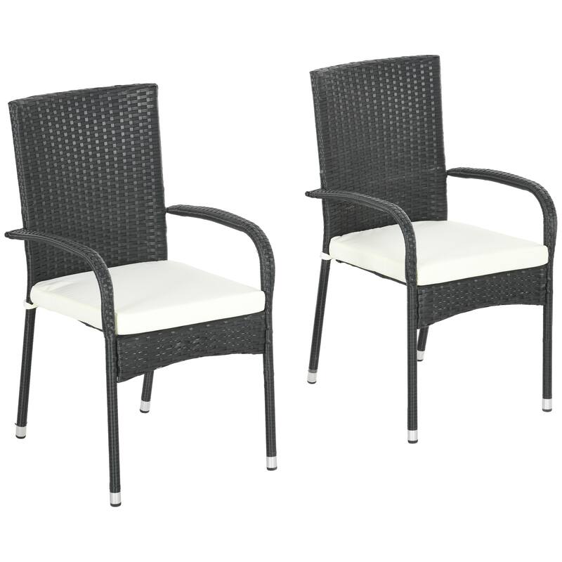 Outsunny Stackable PE Rattan Outdoor Dining Chairs with Cushion, Patio Wicker Dining Chair with Armrests and Backrest for Patio