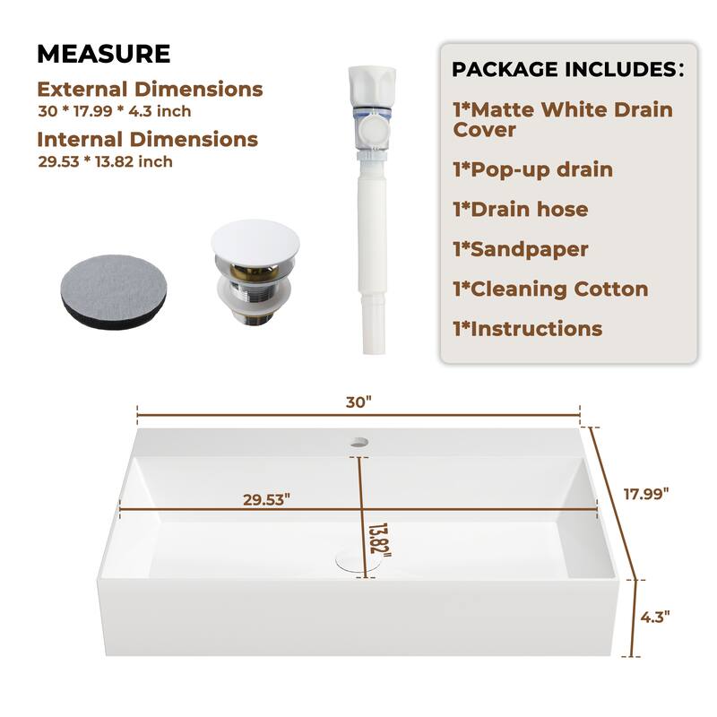 Solid Surface Wall-Mounted Rectangular Bathroom Sink with Pop-Up Drain, Modern Floating Wash Basin with Center Drain