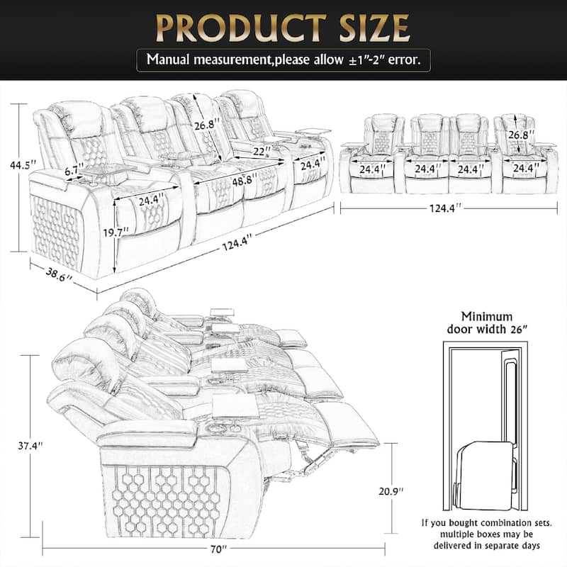 Roomfitters 124.4" Power Recliner 4-Piece Set, Top-Grain Nappa Leather, 19-Color RGB LED & USB-C Charging, Black