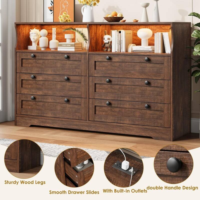 6 Drawer Dresser for Bedroom with Power Outlet and LED Light
