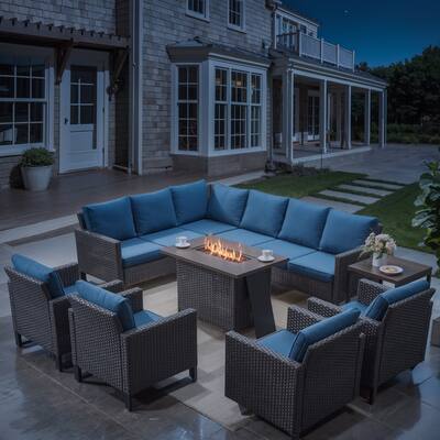 Outdoor Propane Fire Pit Table with Sofa Chair Table Set- Blue cushion - Brown