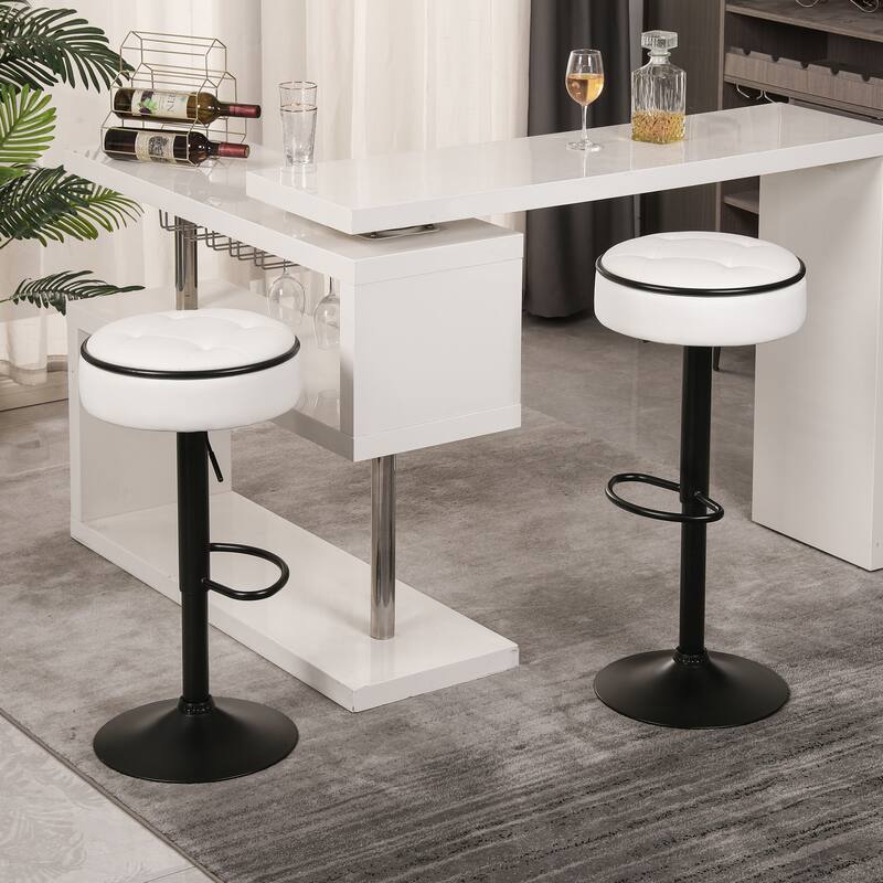 Modern PU Height Adjustable Swivel Bar Stool with Storage, Set of 2