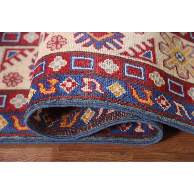 Hand Knotted Oriental 100% Wool Carpet Traditional Geometric Navy Blue & Blues Kazak Area Rug - 9' 8'' X 6' 7''