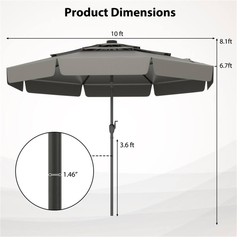 Outdoor 10 ft Umbrella with 3-Tier Venting Solar LED Lights Tilt and Crank for Poolside or Garden