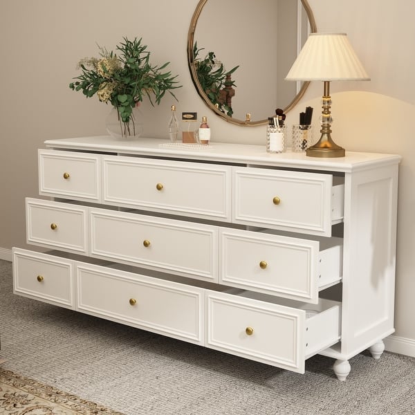 63" Wide 9/12 Drawer Dresser for Bedroom, Modern Farmhouse Double Dresser  with Gold Knobs, Large Storage Chest - On Sale - Bed Bath & Beyond -  43750732