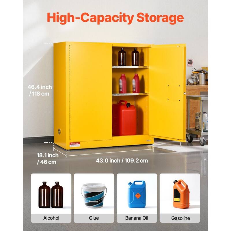 29 Gallon Heavy Duty Yellow Fireproof Cabinet for Flammable Liquids with Adjustable Shelves - 43” x 18.1” x 46.4”