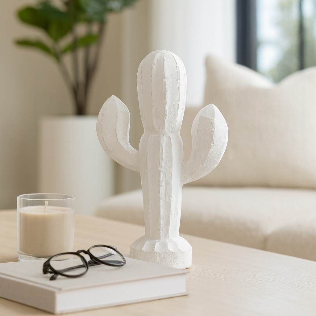 Wood Carved Cactus Decorative Figurine - White